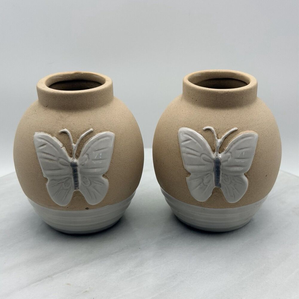 Ashland Beetles & Blooms Butterfly Ceramic Vase Set of 2 Beige White Spring